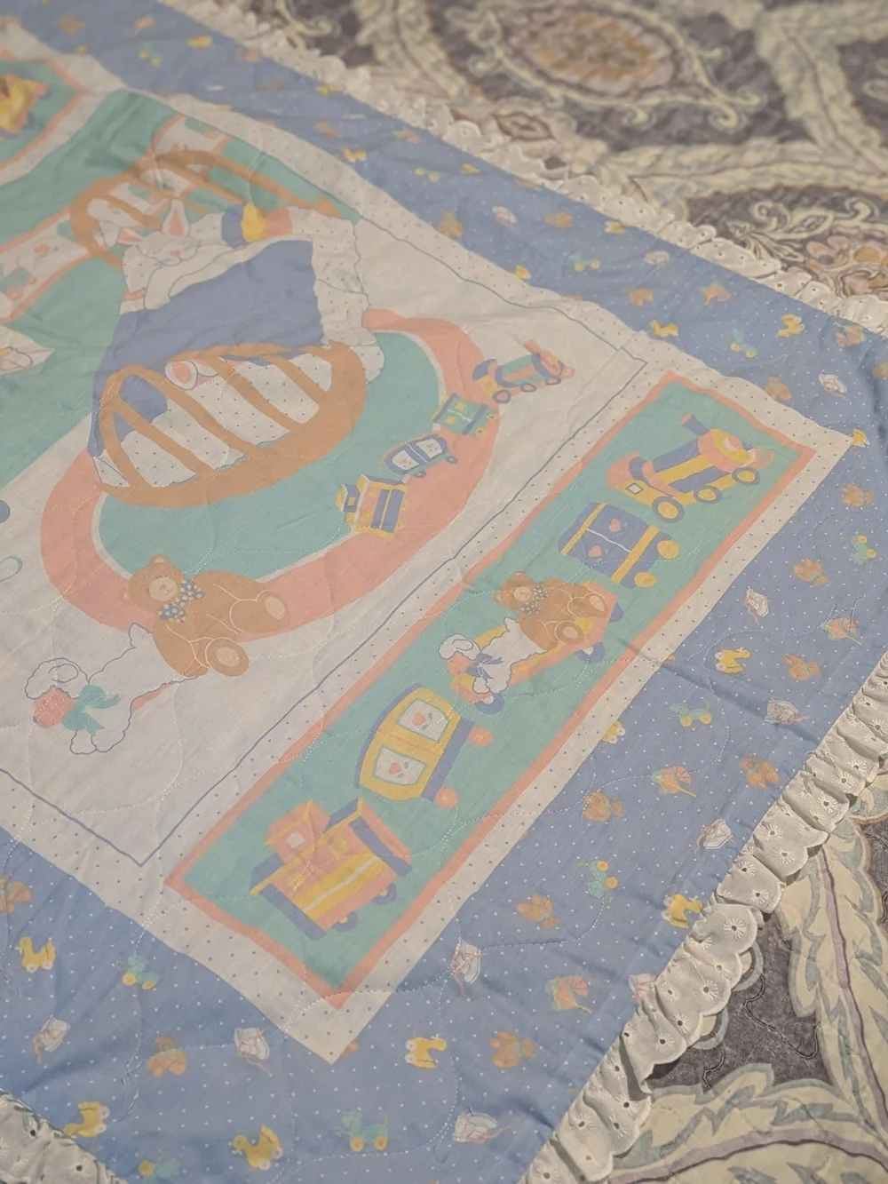 Nursery Baby Blanket - Pastel Blue Bedtime Train & Toys